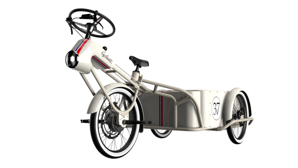 Image d'un Cyclauto pick-up blanc avec les bandes bleu blanc rouge, style vintage