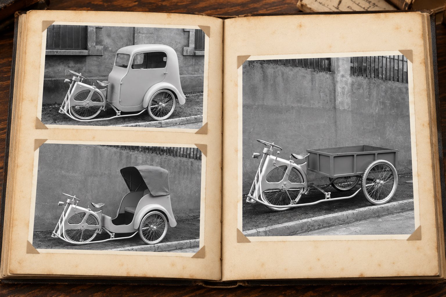 Planche d'album photo presentant trois autres variantes de triporteurs Cyclauto des annees 1940 : cabine fermee, capote passager et plateau ouvert.