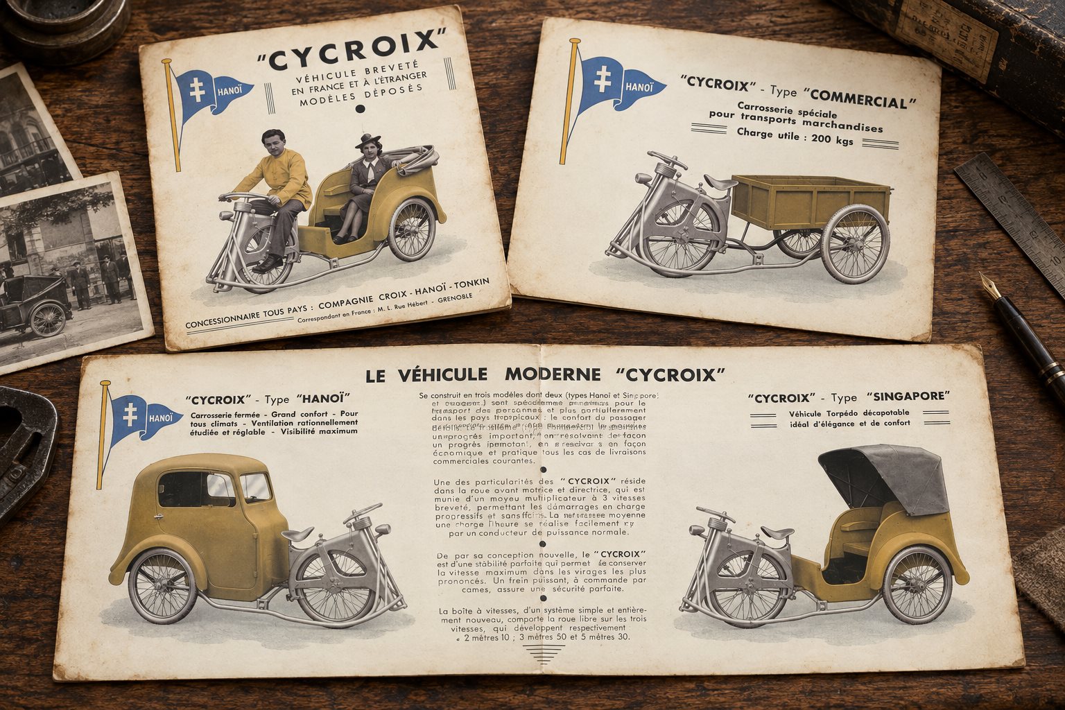 Brochure publicitaire d'epoque pour le vehicule Cycroix (Compagnie Croix, Hanoi), presentant les types Commercial, Hanoi et Singapore.