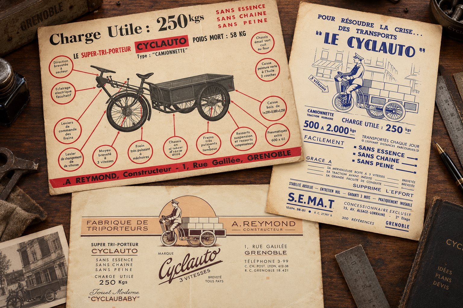 Fiche technique publicitaire du Super Tri-Porteur Cyclauto (charge utile 250 kg, A. Reymond constructeur, Grenoble), une publicite Le Cyclauto et un en-tete de courrier de la Fabrique de Triporteurs A. Reymond.