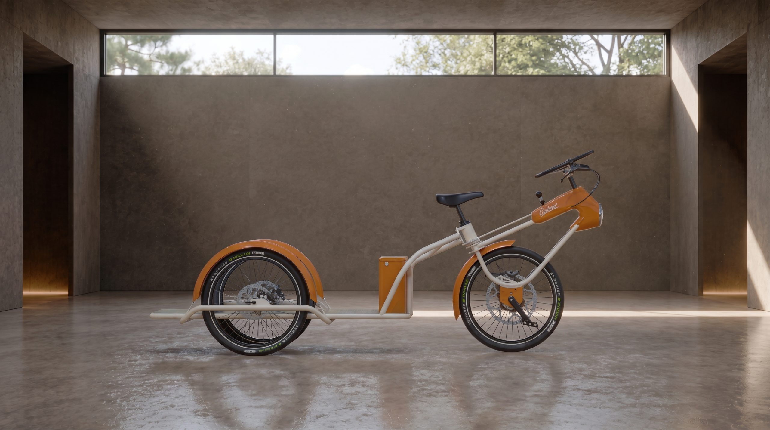 Cyclauto Sparrow orange et blanc, plateforme arrière nue, vue de profil dans un intérieur en béton brut.