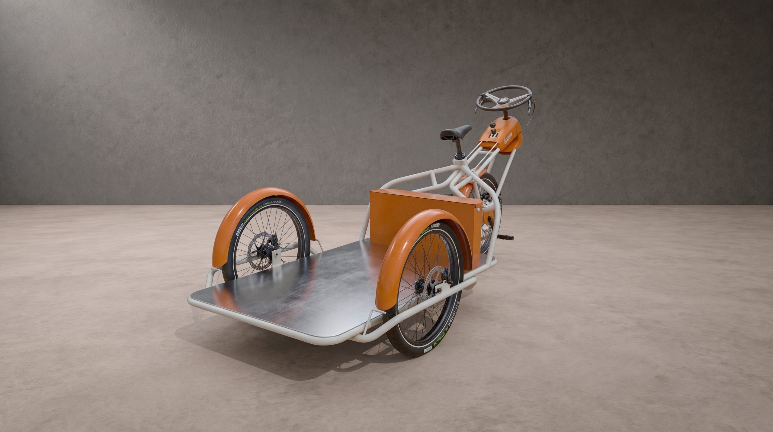 Cyclauto Sparrow vu de trois-quarts en plongée, plateforme aluminium nue prête à recevoir un aménagement.