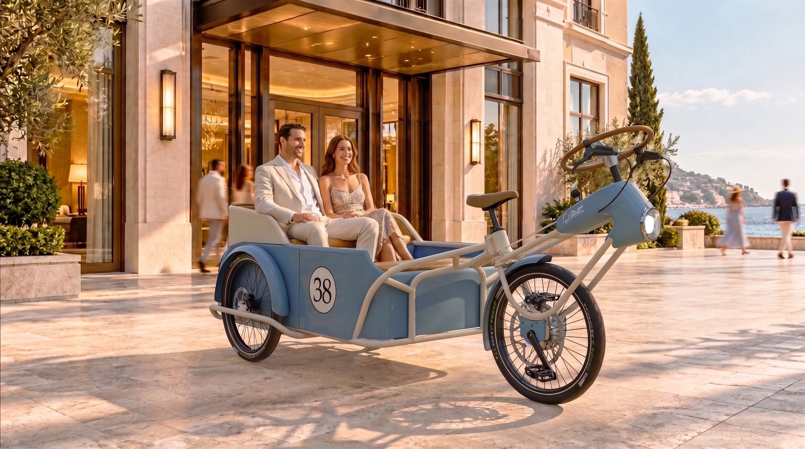 Cyclauto Torpedo bleu, un couple assis dans la banquette passager devant l'entree d'un hotel de prestige sur la cote.