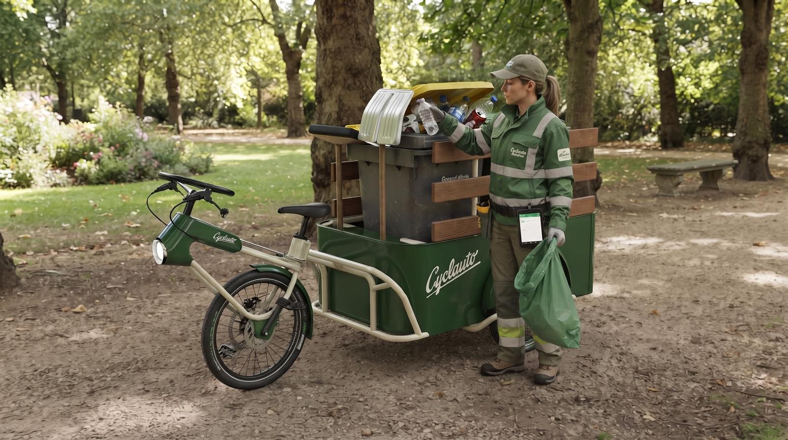 Cyclauto Woody vert utilise pour la collecte de dechets dans un parc, un agent en uniforme charge des bouteilles.